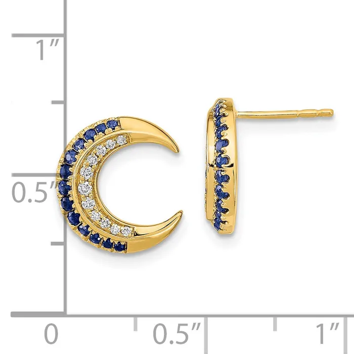 Solid 14k Yellow Gold Polished Moon Simulated Sapphire and CZ Post Earrings Goldia Earrings