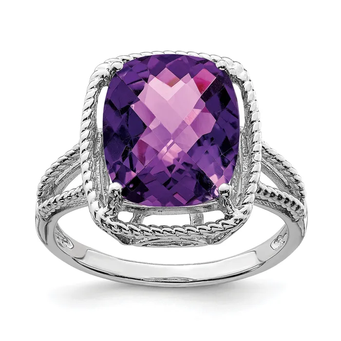 Sterling Silver 14K White Gold Plated CheckerCut Amethyst Gemstone Birthstone Ring Fine Jewelry Gift for Her Goldia Rings Sterling Silver 14K White Gold Plated CheckerCut Amethyst Gemstone Birthstone Ring Fine Jewelry Gift for Her Goldia Rings