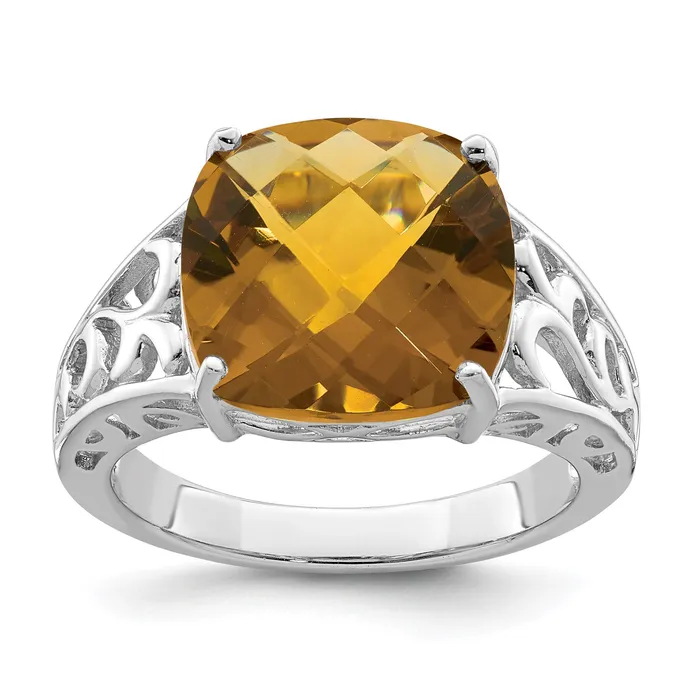 Sterling Silver Rhodium CheckerCut Whiskey Quartz Gemstone Birthstone Ring Fine Jewelry Gift for Her Goldia Rings Sterling Silver Rhodium CheckerCut Whiskey Quartz Gemstone Birthstone Ring Fine Jewelry Gift for Her Goldia Rings