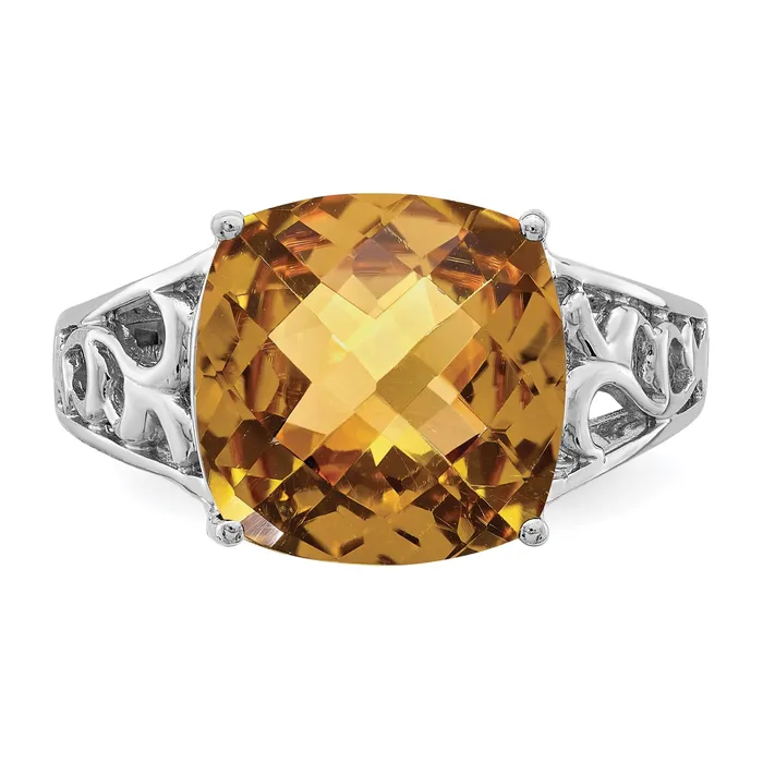 Sterling Silver Rhodium CheckerCut Whiskey Quartz Gemstone Birthstone Ring Fine Jewelry Gift for Her Goldia Rings Sterling Silver Rhodium CheckerCut Whiskey Quartz Gemstone Birthstone Ring Fine Jewelry Gift for Her Goldia Rings