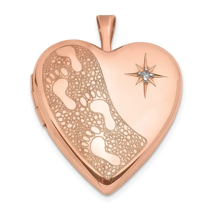 Sterling Silver Rose Goldplated 20mm w Diamond Footprints Heart Locket Goldia Rings
