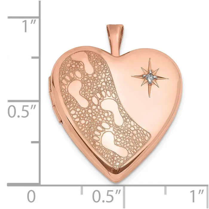 Sterling Silver Rose Goldplated 20mm w Diamond Footprints Heart Locket Goldia Rings
